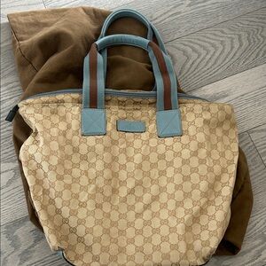 Gucci Beige GG Canvas Tote with Light Blue Trim and Brown Accents